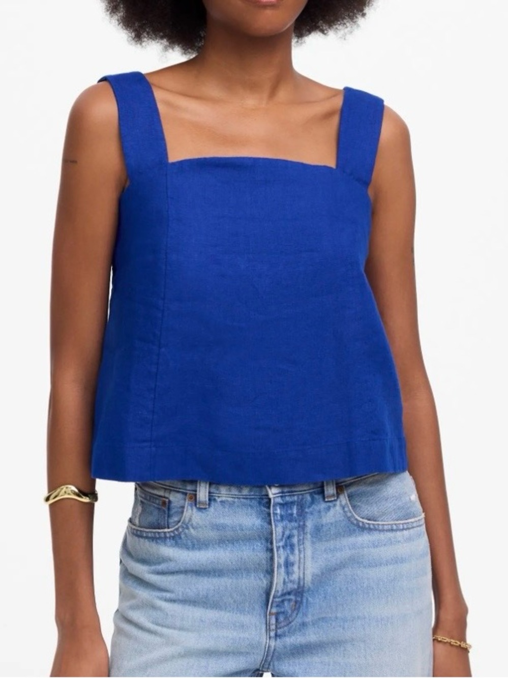Madewell Cobalt Blue 100% Linen Square Neck Button Crop Top 8 Coastal